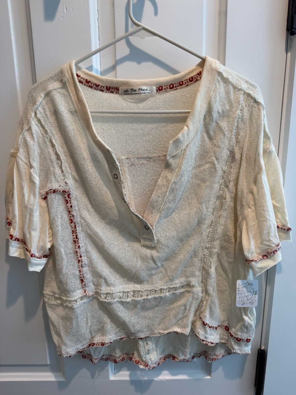 Free People Cream Short Sleeve Henley Top